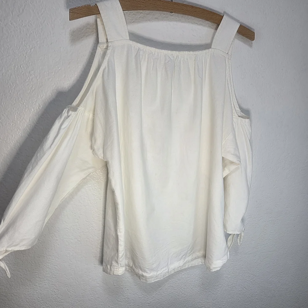 Madewell Top Blouse XS Women's Indigo Cold Shoulder 3/4 Sleeve White 100% Cotton - Picture 2 of 15